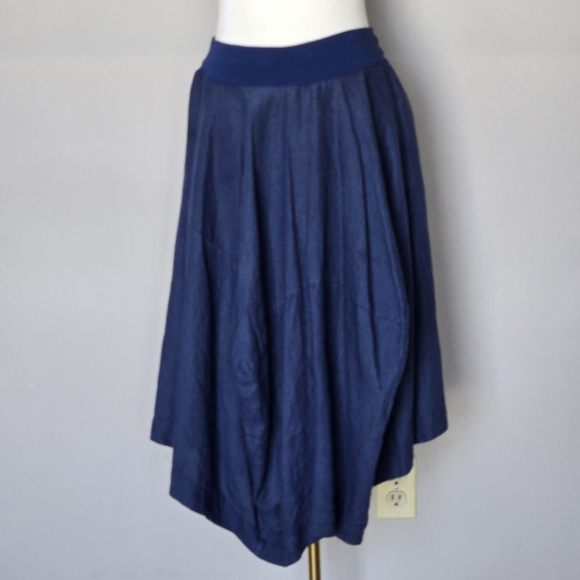 European Culture Linen Lagenlook Pull-on Navy Midi Asymmetrical Boho Skirt Small - Picture 1 of 11